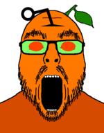 antenna food froot froot_(user) fruit glasses leaf open_mouth orange orange_skin red_eyes reddit redditard snoo soyjak stubble variant:flartson // 410x524 // 17.9KB