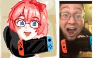 art blue_eyes bow doki_doki_literature_club female glasses holding_object nintendo nintendo_switch open_mouth pink_hair sayori soy_parody variant:unknown video_game whereisbalake // 1393x872 // 750.4KB