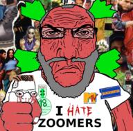 4chan anime arm badge beard blockbuster blood clothes crushing crying fist frown glasses green_hair hair hand i_hate mtv oldfag punisher_face soyjak subvariant:science_lover text tshirt variant:markiplier_soyjak variant:zoomer wrinkles yotsoyba zoomer // 673x663 // 468.4KB