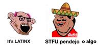2soyjaks amerimutt brown_skin clothes coca_cola fat gender-neutral_language happy hat mexico meximutt o_algo pendejo pink_hair red_shirt shirtless slob soda sombrero soyjak spanish_text stfu subvariant:impish_amerimutt text variant:impish_soyak_ears variant:muttboy white_teeth // 687x332 // 114.8KB