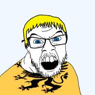 animal bird blue_eyes clothes country county flag flag:södermanland_county glasses griffin hair mustache open_mouth soyjak stubble sweden södermanland_county teeth tongue transparent_background variant:feraljak yellow_hair // 1500x1500 // 145.1KB
