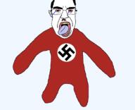 animated arm bloodshot_eyes crying dance ear flapping full_body hair leg mustache nazism open_mouth red_shirt soyjak subvariant:chudjak_front swastika tongue toothbrush_moustache variant:chudjak // 827x670 // 104.7KB