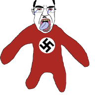 animated arm bloodshot_eyes crying dance ear flapping full_body hair leg mustache nazism open_mouth red_shirt soyjak subvariant:patrick swastika tongue toothbrush_moustache variant:chudjak // 827x670 // 104.7KB