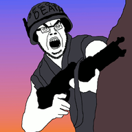 animated arm clothes firearm glasses gun hand helmet holding_gun holding_object m1_helmet machine_gun military open_mouth redraw shooting soyjak stubble variant:cobson weapon // 956x982 // 97.3KB
