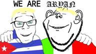 2soyjaks aryan blue_eyes cuba ear flag flag:cuba flag:italy friendship hair italy looking_at_you no_more_brother_wars soyjak star_(symbol) stubble text variant:feraljak variant:impish_soyak_ears yellow_hair // 1920x1080 // 327.6KB