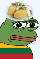 amphibian bald baltic cepelinai closed_mouth clothes country europe european flag flag:lithuania food frog green_skin irl lips lithuania lithuanian looking_at_you nas nas:pepe neutral pepe_the_frog series:pepe_hat transparent_background tshirt // 1008x1479 // 452.3KB