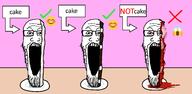 3soyjaks blood bloodshot_eyes cake crying emoticon food glasses gore open_mouth plate stretched_mouth stubble text variant:markiplier_soyjak // 2250x1100 // 86.3KB