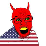 clothes demon flag glasses green_eyes horn monster mustache open_mouth pentagram red_skin soyjak star stubble united_states variant:feraljak yellow_teeth // 1500x1500 // 197.6KB