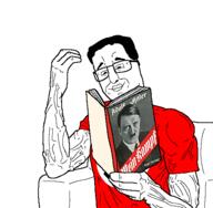 book book_cover chair chud glasses holding_book holding_object mein_kampf muscles muscular_male reading smile smirk soyjak subvariant:chud_reading swastika variant:chudjak // 528x516 // 82.2KB