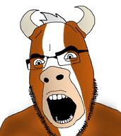 angry animal brown_skin bull glasses grey_hair horn open_mouth orange_skin snout soyjak stubble variant:cobson // 800x899 // 262.7KB