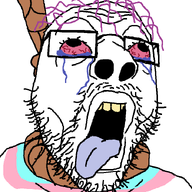 ack aliased blue_tongue crying eyebrows eyelashes glasses ishowspeed lips looking_up mustache nostril open_mouth pink_hair red_eyes rope soyjack stubble teeth tongue tranny variant:shouterjak white_background yellow_teeth // 710x710 // 25.2KB