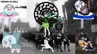 3soyjaks animated anime arm blood bloodshot_eyes cirno closed_mouth clothes crying dance dead eternity_larva firearm flag full_body fumo glasses gun hair hand hanging hat irl_background judaism kippah kirisame_marisa large_nose leg music nazism open_mouth purple_hair rifle rope smile sonnenrad sound soyjak stubble suicide swastika text tongue touhou tranny twerk variant:bernd variant:chudjak video video_game weapon yamaka yellow_teeth // 1920x1080, 191.7s // 82.8MB