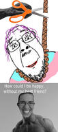 anhero arm flag gigachad glasses hair hand hanging holding_object patrick_crusius purple_hair rope scissors smile soyjak stubble suicide text tranny variant:bernd variant:chudjak // 794x1803 // 571.2KB