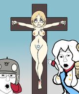 2soyjaks arm big_breasts blood breasts buhanka_chan clothes crucifixion female glasses gore hand helmet judaism just_gooner_shit marichka nail naked nipple nsfw open_mouth russo_ukrainian_war soyjak swastika vagina variant:two_pointing_soyjaks // 2200x2600 // 476.8KB