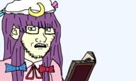 anime book clothes disgusted glasses hat moon patchouli_knowledge purple_hair ribbon touhou variant:soyak video_game // 1500x900 // 44.7KB