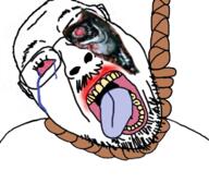 bloodshot_eyes crying glasses hanging mustache open_mouth rope soyjak stubble suicide terminator tongue variant:bernd yellow_teeth // 754x704 // 482.4KB