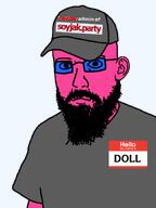 admin beard cap closed_mouth clothes doll_(user) ear glasses grey_shirt hat hello_my_name_is_(sticker) looking_at_you nose pink_skin soyjak_party text tinted_glasses variant:dolljak wrinkles // 1080x1440 // 137.7KB