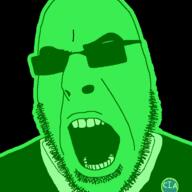 angry central_intelligence_agency clothes glasses glowing green_skin open_mouth soyjak stubble sunglasses trend:glowie variant:cobson // 721x720 // 20.5KB