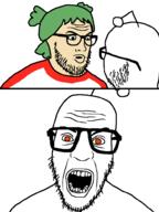 4chan angry anime antenna clothes glasses green_hair hair open_mouth orange_eyes reddit snoo soyjak stubble tshirt variant:nerdjak yotsoyba // 739x987 // 42.6KB