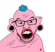acne big_lips bloodshot_eyes blue_hair chemistry ear earring glasses hair lips mustache nose_piercing open_mouth pink_skin pooner soyjak stubble testosterone tranny variant:feraljak // 1592x1500 // 100.4KB