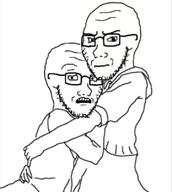 2soyjaks arm clothes concerned frown glasses hand hugging scared soyjak stubble subvariant:soyak_(concerned) variant:soyak yuri // 720x805 // 35.0KB