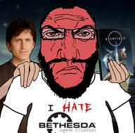 angry beard beige_skin bethesda blue_eyes box brown_hair brown_shirt clothes eyes_like_the_o-o-cean game glasses hair holding_object i_hate red_eyes red_skin seething shirts starfield subvariant:science_lover t-shirt todd_howard variant:markiplier_soyjak video_game white_shirt // 1360x1342 // 723.8KB