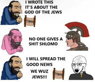 cross glasses jewish_nose kike looking_to_the_left meta:op_is_a_fat_shitskin_redditor nas:merchant nas:wojak priest roman_legionary_helmet seething stubble text torah variant:soyjak yamaka // 1284x1111 // 604.8KB