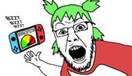 4chan 4cuck anime arm clothes ear forehead_lines glasses green_hair hair hand newfag nintendo nintendo_switch nose open_mouth red_shirt soyjak stubble teeth text variant:yurjak video_game yotsoyba // 768x442 // 38.0KB