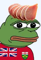 amphibian back_bacon bacon bald canada canadian closed_mouth clothes country flag flag:ontario food frog green_skin irl lips looking_at_you nas nas:pepe ontario peameal_bacon pepe_the_frog pork providence series:pepe_hat transparent_background tshirt // 1008x1479 // 577.7KB