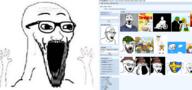 arm glasses hand hands_up meta multiple_soyjaks open_mouth soybooru soyjak stubble subvariant:wewjak variant:soyak // 1746x819 // 1.1MB