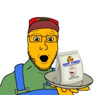 2soyjaks arm bag bow clothes farmer food glasses goyslop hat holding_object holding_plate open_mouth plate red_hat sneed soyjak stubble subvariant:wholesome_soyjak the_simpsons variant:gapejak variant:platejak yellow_skin // 1366x1350 // 220.5KB