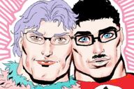 blue_eyes brown_eyes buff chud_troon_alliance closed_mouth clothes ear friendship glasses mustache nazism open_mouth purple_hair redraw smile soyjak swastika tranny variant:bernd variant:chudjak white_skin // 600x400 // 159.0KB
