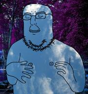 arm blue_skin calm closed_eyes closed_mouth forest glasses hand irl_background nipple sky soyjak stubble tree variant:norwegian // 723x770 // 904.6KB