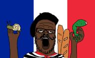 arm beret bread brown_skin clothes country flag flag:france food france frog glasses hand hat holding_object mustache open_mouth scarf snail soyjak stubble tshirt variant:a24_slowburn_soyjak // 1130x690 // 29.6KB