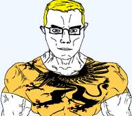 animal arm aryan bird blue_eyes buff closed_mouth clothes country county ear flag flag:södermanland_county glasses griffin hair soyjak subvariant:chudjak_front subvariant:muscular_chud sweden södermanland_county tongue transparent_background tshirt variant:chudjak vein yellow_hair // 1059x929 // 156.9KB