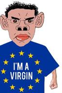 amerimutt angry brown_eyes brown_skin closed_mouth clothes ear european_union fist flag flag:european_union glasses hair redraw soyjak star_(symbol) subvariant:chudjak_front tshirt variant:chudjak virgin // 295x441 // 22.2KB