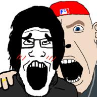 baseball_cap black_shirt blue_eyes blush clothes ear earpiece fred_durst grey_shirt hand hat limp_bizkit long_hair nine_inch_nails open_mouth orgasm ring sex stubble trent_reznor variant:cobson variant:markiplier_soyjak white_skin // 800x800 // 44.0KB