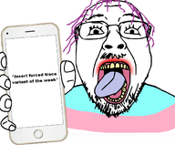 balding glasses hair hand holding_object holding_phone lipstick looking_at_you mustache open_mouth phone purple_hair showing_something soyjak stubble text tongue tranny transgender_flag troon variant:bernd white_background // 1200x994 // 333.4KB