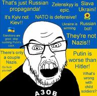 adolf_hitler angry azov_battalion clothes country cyrillic_text flag flower glasses leaf mustache nato nazism open_mouth plant russia russo_ukrainian_war soyjak stubble text ukraine variant:feraljak vladimir_putin volodymyr_zelenskyy // 1099x1084 // 143.1KB