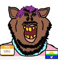 brown_skin ear greg_(user) hello_my_name_is_(sticker) hoodie kurwa mustache ominous open_mouth pig purple_hair shitskin stubble subvariant:impish_amerimutt subvariant:impish_front t50_eyes tranny vancouver vancouver_washington variant:impish_soyak_ears washington yellow_teeth // 578x589 // 51.6KB