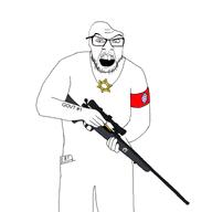 arm_band flag flag:transgender_pride_flag gun head_dent necklace open_mouth pocket retard rifle star_of_david stubble tattoo teeth trans_flag variant:feraljak // 763x762 // 117.3KB