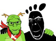 2soyjaks GNULinux antler bandana black_skin closed_mouth dragon foot friendship glasses gnome_(desktop_environment) green_skin hand kde konqi mascot no_more_brother_wars smile soyjak stubble technology variant:cobson variant:feraljak // 1920x1396 // 73.5KB