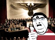 adolf_hitler austria bbc blue_eyes clothes country flag glasses hair hand irl_background looking_at_you mustache nazism queen_of_spades smile soyjak stubble tattoo thumbs_up variant:cobson // 2048x1486 // 4.2MB