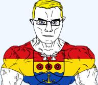 anchor arm blue_eyes buff closed_mouth clothes emsland flag flag:emsland flower germany glasses hair landkries lower_saxony plant rock soyjak subvariant:chudjak_front subvariant:muscular_chud tshirt variant:chudjak vein yellow_hair // 1059x929 // 105.7KB