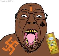 bindi brown_skin country cow_urine glasses hair hanging hindu hinduism hinduu india indian komaiyam mustache open_mouth piss soyjak stubble swastika tongue variant:bernd yellow_teeth // 1200x1125 // 492.7KB