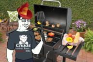 2soyjaks arm bbc bbq chud closed_mouth ear geilling glasses grill hair hand holding_object irl_background smile smug soyjak stubble text variant:chudjak variant:impish_soyak_ears // 1353x900 // 2.7MB