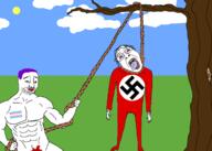 blood buff chud closed_mouth full_body glasses hair hand hanging holding_object holding_rope lynching neovagina open_mouth purple_hair rope smile stubble tongue tranny transgender_flag tree variant:bernd variant:chudjak // 2100x1500 // 544.7KB