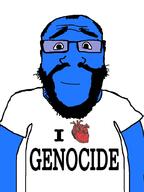 arm balding beard blue_skin calm closed_mouth clothes genocide glasses hair happy heart i_heart i_love smile soyjak subvariant:science_lover text torso variant:markiplier_soyjak // 768x1024 // 201.5KB