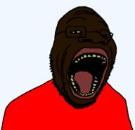 black_skin glasses negro open_mouth soyjak stubble variant:goopjak yellow_sclera yellow_teeth // 834x806 // 25.9KB