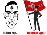 pol-tan 2soyjaks anti_soyjak board-tans closed_mouth clothes ear flag flag_bearer glasses hair holding_flag holding_object nazism necktie pol_(4chan) qa_(4chan) queen_of_spades soyjak stubble subvariant:chudjak_front suit swastika tattoo text variant:chudjak // 1000x750 // 230.2KB